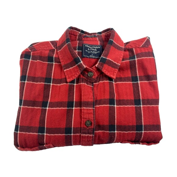 Abercrombie & Fitch Flannel Button Down Shirt Women L Red Tartan Plaid Boyfriend - Picture 10 of 10